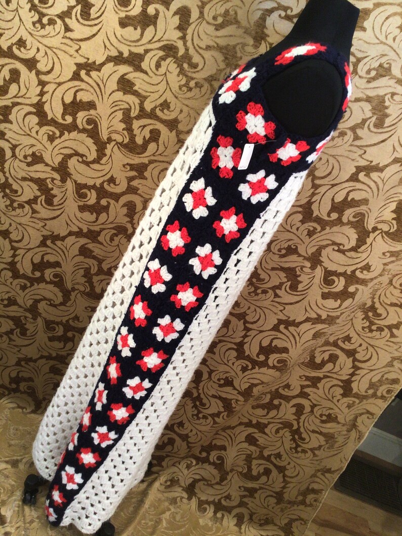 1970s Crochet RedwhiteBlue Granny Square Maxi Dress
