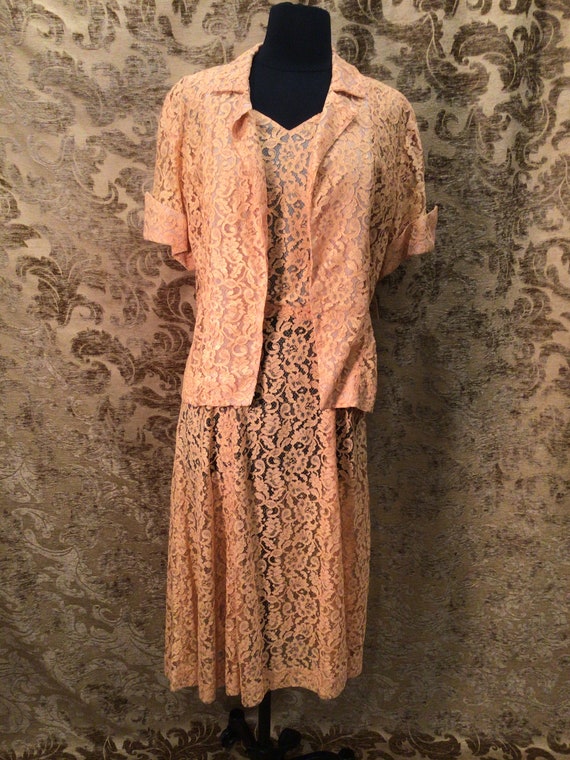 Vintage early 1940s 2pc. Peach Lace Dress and Jac… - image 1