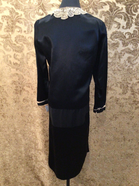 1920s Black Silk Lace Pleated Drop Waist Dress - Gem