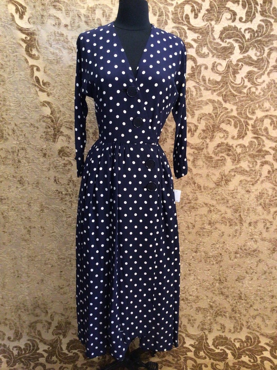 Early 1950s L’Aiglon Navy polka dot Silk Rayon Wra