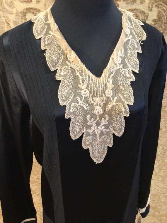1920s Black Silk Lace Pleated Drop Waist Dress - Gem