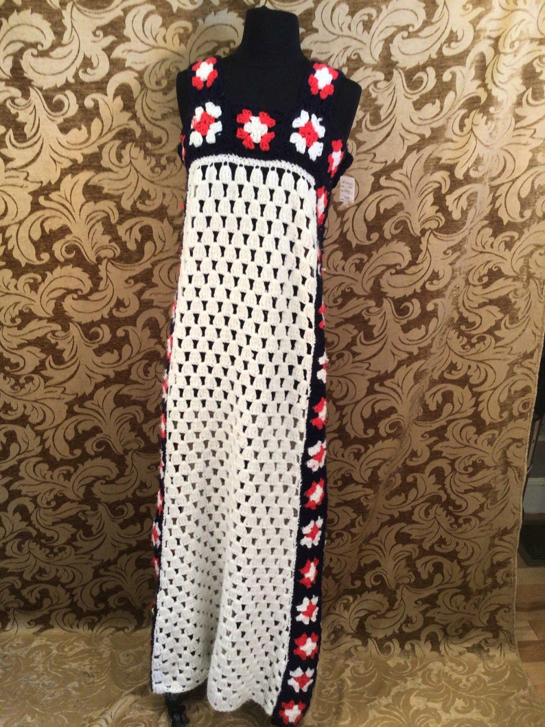 1970s Crochet RedwhiteBlue Granny Square Maxi Dress