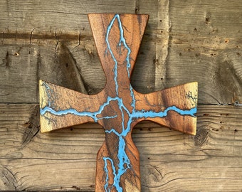 Templars Cross Live Edge Mesquite Wood with Fractal Art design ITEM# GCWTEMPLARSCROSSFAME