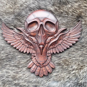 Carved Oak Raven Skull Viking Thor Odin Norse Wood Carving Onlay