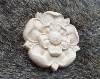 Tudor Rose Flower English Yorkshire Carved Rosette Onlay Decorative Onlay Applique Cabinet Fireplace Mantelpiece Wood Decor