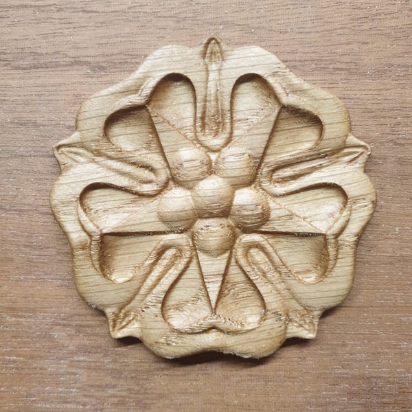 Solid Oak Tudor Rose Style Flower English Yorkshire Carved Rosette Onlay Decorative Onlay Applique Cabinet Fireplace Mantelpiece Wood Decor