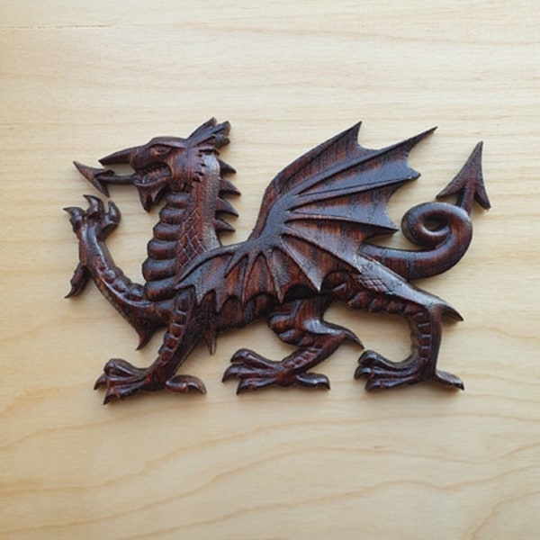 Stained Oak Carved Welsh Dragon Wood Onlay Oak Furniture Onlay Oak Cabinet Onlay Oak Fireplace Onlay Wales Dragon Decor Oak Wood Carving