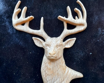 Solid Oak Carved Stag Deer Antlers Furniture Onlay Interior Design Decor Applique Cabinet Mantel Fireplace Wood Carving