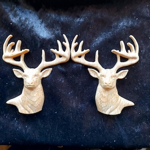 Solid Oak Carved Stag Deer Antlers Furniture Onlay Interior Design Decor Applique Cabinet Mantel Fireplace Wood Carving Both