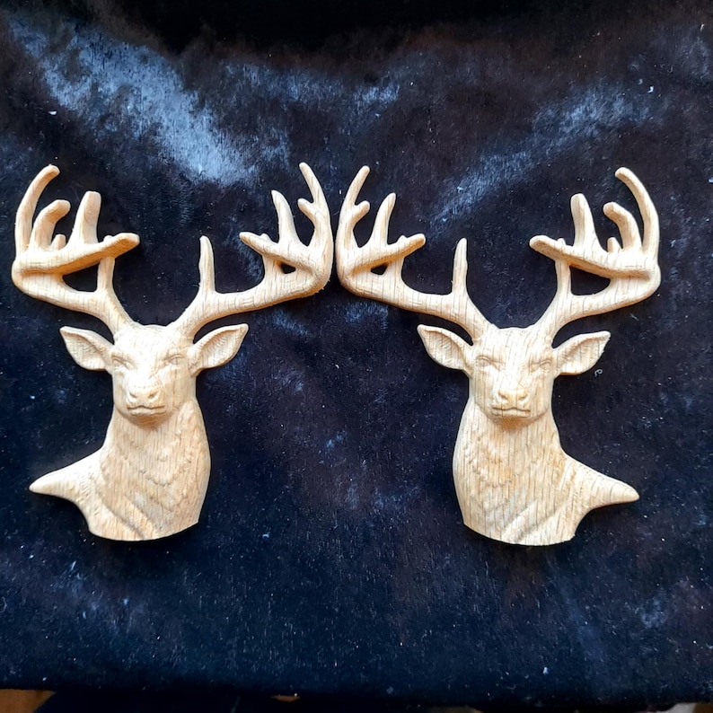 Solid Oak Carved Stag Deer Antlers Furniture Onlay Interior Design Decor Applique Cabinet Mantel Fireplace Wood Carving Both