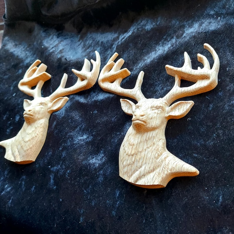 Solid Oak Carved Stag Deer Antlers Furniture Onlay Interior Design Decor Applique Cabinet Mantel Fireplace Wood Carving image 3
