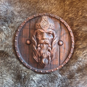 Norse Viking God Odin Wood Carving Oak Shield Onlay Pagan Carved Thor Wood Decor Carving