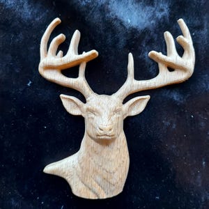 Solid Oak Carved Stag Deer Antlers Furniture Onlay Interior Design Decor Applique Cabinet Mantel Fireplace Wood Carving Left