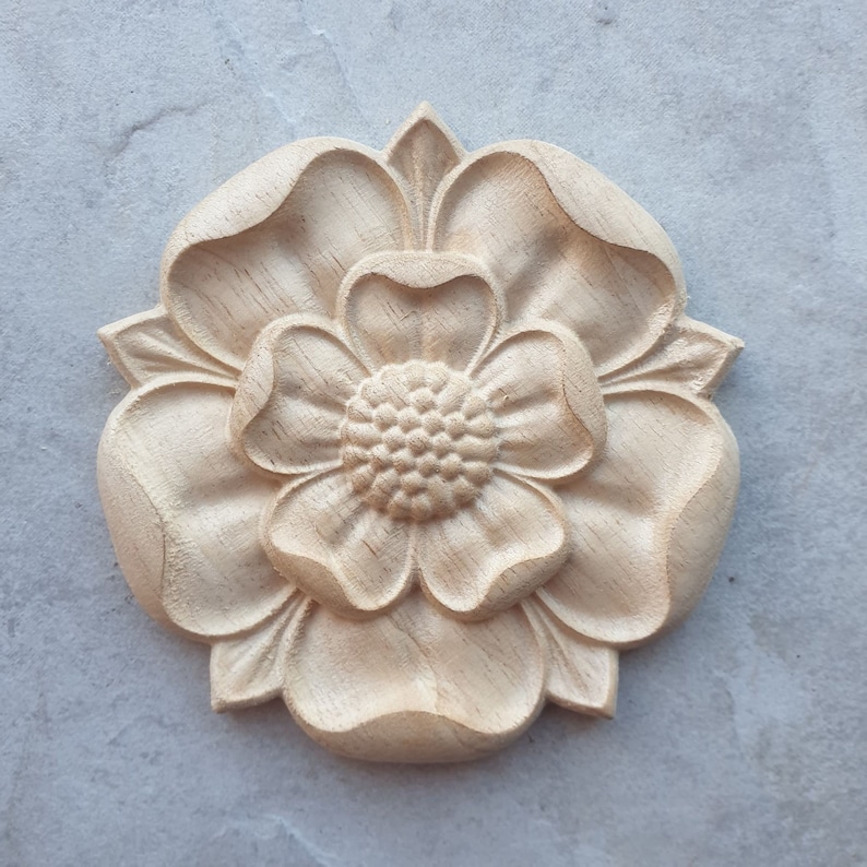 Tudor Rose Wood Carving English Yorkshire Lancashire Carved Rosette Decor Onlay Applique Cabinet Mantel Fireplace Natural Wood