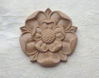 Solid Oak Tudor Rose Flower English Yorkshire Carved Rosette Onlay Decorative Onlay Applique Cabinet Fireplace Mantelpiece Wood Decor