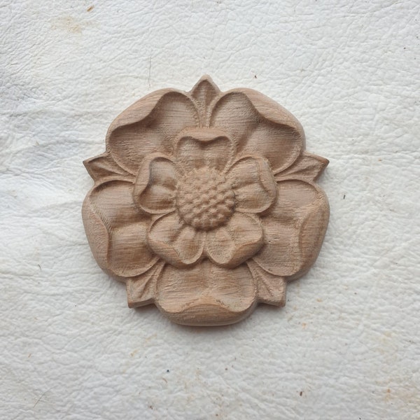 Solid Oak Tudor Rose Flower English Yorkshire Carved Rosette Onlay Decorative Onlay Applique Cabinet Fireplace Mantelpiece Wood Decor