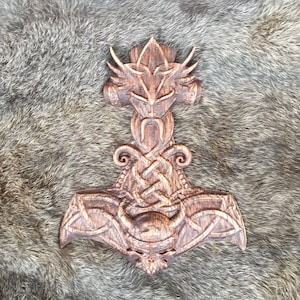 Viking Norse God Odin Thors Hammer Mjolnir Onlay Decor Applique Carved Odin Norse Pagan Oak Wood Carving