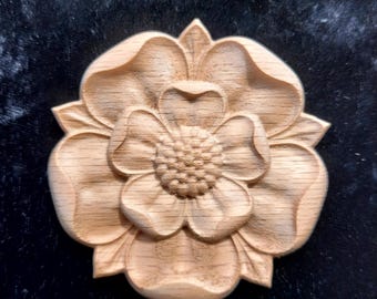 Solid Oak Tudor Rose Flower English Yorkshire Carved Rosette Onlay Decorative Onlay Applique Cabinet Fireplace Mantelpiece Wood Decor