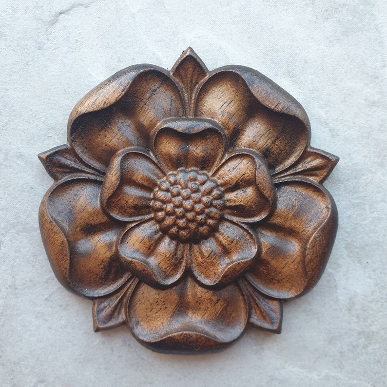 Tudor Rose Wood Carving English Yorkshire Lancashire Carved Rosette Decor Onlay Applique Cabinet Mantel Fireplace Tudor Oak