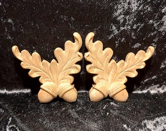 Pair of Solid Oak Carved Oak Leaf with Acorns Onlay Decorative Onlay Applique Cabinet Fireplace Mantel Wood Oak Home Decor