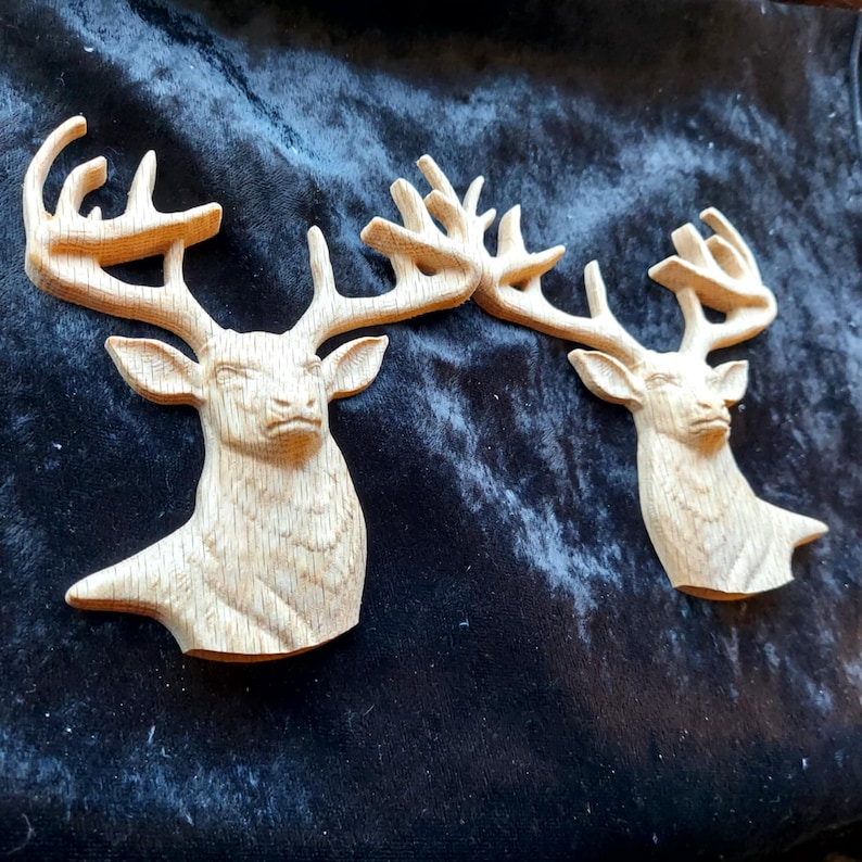 Solid Oak Carved Stag Deer Antlers Furniture Onlay Interior Design Decor Applique Cabinet Mantel Fireplace Wood Carving image 4