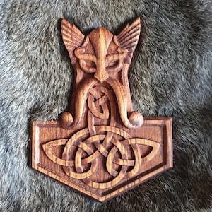 Viking Norse God Thors Hammer Mjolnir Onlay Applique Carved Odin Norse Pagan Wood Carving