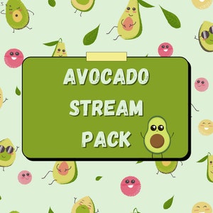 Könnte beinhalten: Grüner Hintergrund mit einem Cartoon-Avocado-Muster. Ein grünes Rechteck mit schwarzem Rahmen und abgerundeten Ecken enthält den Text "AVOCADO STREAM PACK" in Weiß.