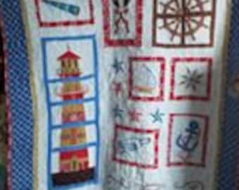 Homemade Nautical throw Art quilt - anchor ship helm wall Art quilt - compass lap quilt - lighthouse decor - Embroidered ART Rare find.