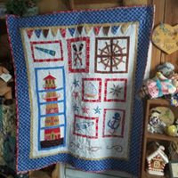 Homemade Nautical throw Art quilt - anchor ship helm wall Art quilt - compass lap quilt - lighthouse decor - Embroidered ART Rare find.
