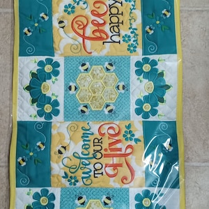 Busy Bee Quilted Art embroidered Table rummer or wall hanging Bee, Hives, Welcome to our hive, Bee Happy