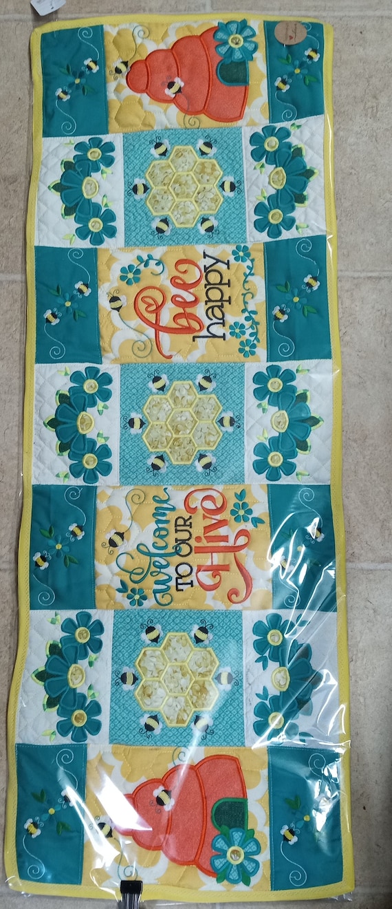 Busy Bee Quilted Art embroidered Table rummer or wall hanging Bee, Hives, Welcome to our hive, Bee Happy