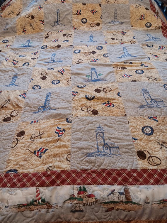 Ocean, Lighthouse, Homemade Nautical Art Quilt Embroidered One of a kind