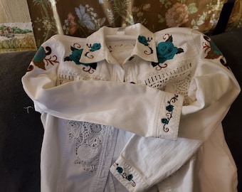 Custom Embroider White Jean Jacket with Turquoise and black Flowers