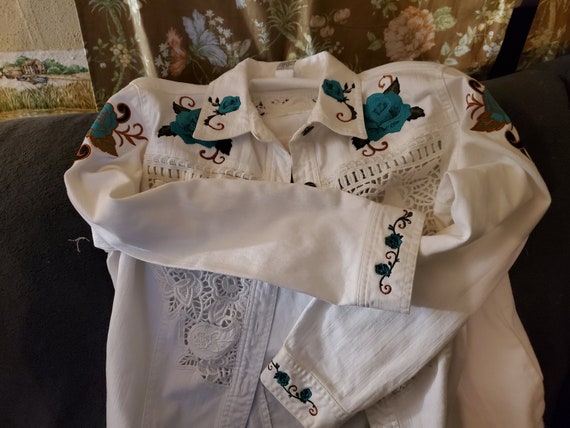 Custom Embroider White Jean Jacket with Turquoise and black Flowers