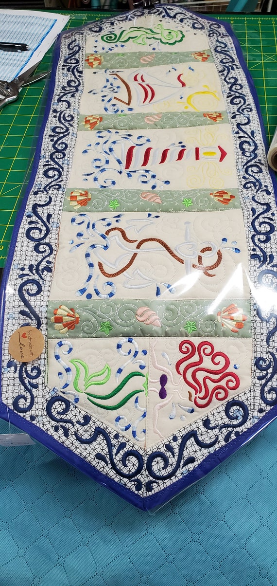 Nautical Quilted Art embroidered Table rummer or wall hanging Lighthouse, Seahorse, Boat, Mermaid