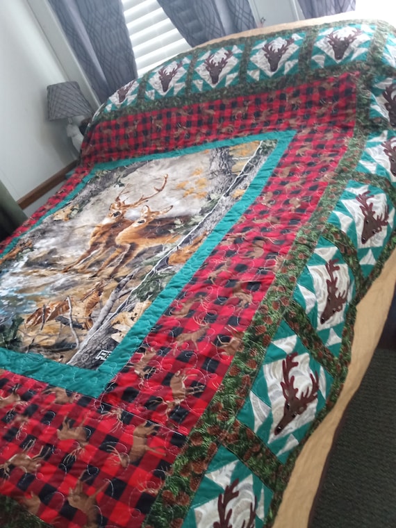 Homemade wildlife Deer Country Art Quilt, Freehanded quilted, Embroidered Personalized