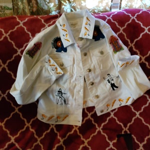 Custom embroidered white jean jacket Elvis Presley Look-a-like, Rim Stone Personalized, unisex