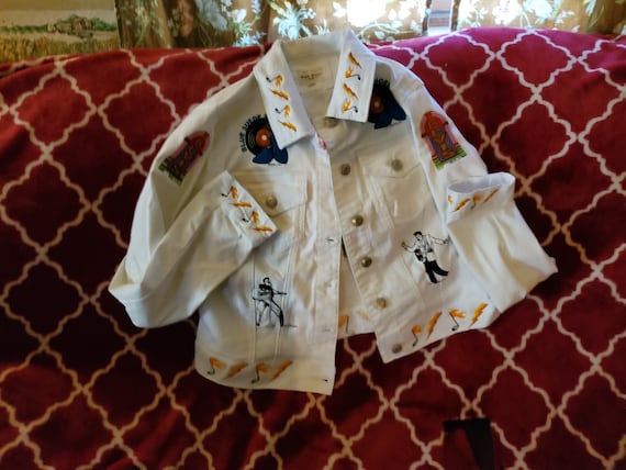 Custom embroidered white jean jacket Elvis Presley Look-a-like, Rim Stone Personalized, unisex