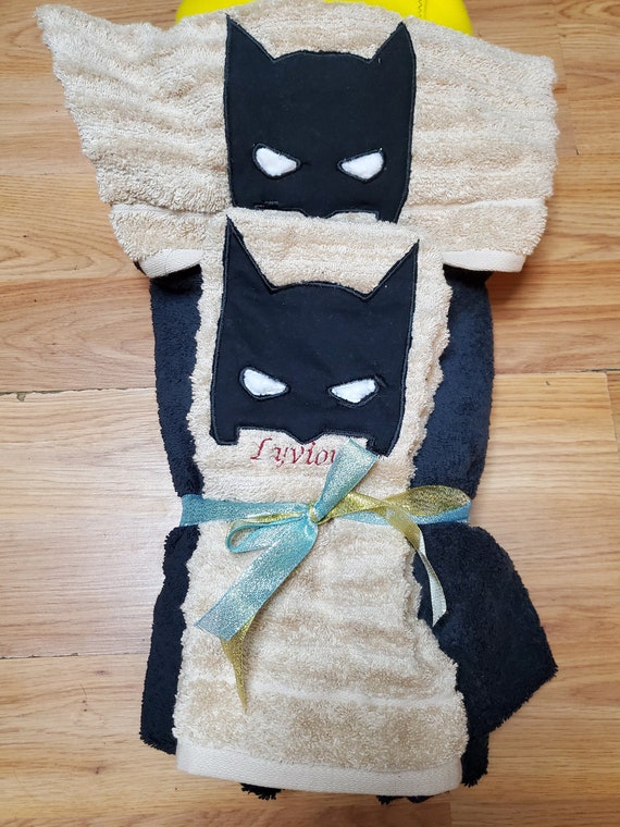 Embroider Hooded towel with Bat Guy and Bath Mitt Personalized with name