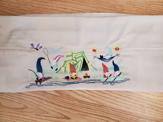 Embroidery Monogrammed Pillowcases, Northwoods Gnome Border, Personalized,