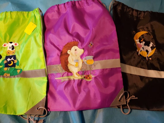 Custom Embroidery bags to go on your back, Headhog, Cow on moon, pajamas cow,  Personalized,