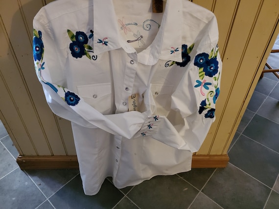 Custom Embroider Western White Women Blouse with Hollyhock and Dragonfly Personalized Rim Stone,