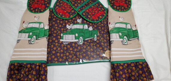 Homemade The Country Chicken Truck Kitchen sets with quilted, embroidered placemats, hanging kitchen towels, oven mitts.