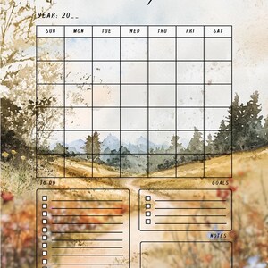 Calendario senza data, mesi autunnali: settembre, ottobre, novembre con lista delle cose da fare, obiettivi e note - bellissime scene estive, design verticale