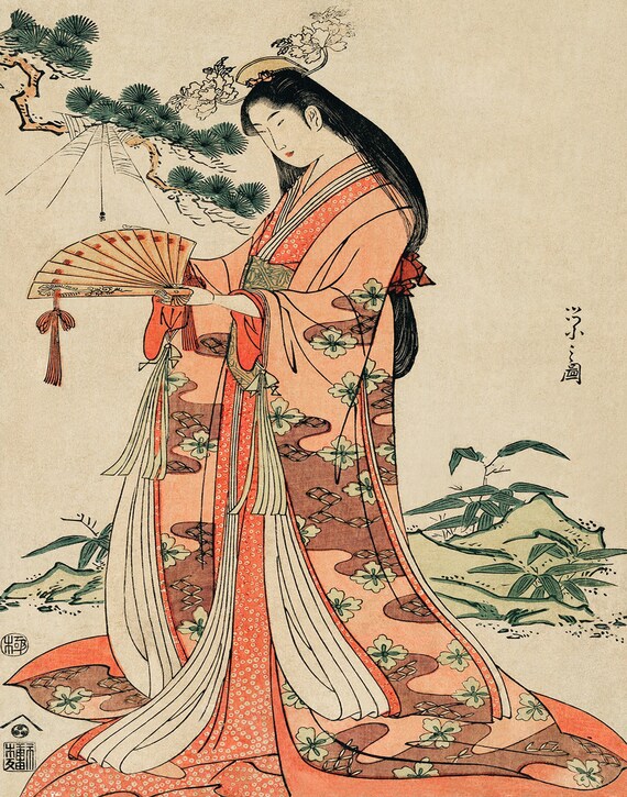 Princesa japonesa Sotoori Hime con kimono color melocoton sosteniendo un abanico abierto de Eishi Hosoda 1756 1829 Acuarela japonesa vintage Poster Etsy Mexico