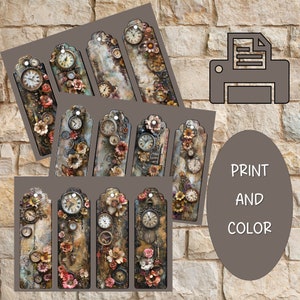 May include: Ten printable bookmark designs featuring vintage clocks, gears, and floral elements.  The bookmarks are in shades of brown, gold, and cream with a distressed look.  Print and color these bookmarks for a unique and personalized touch.