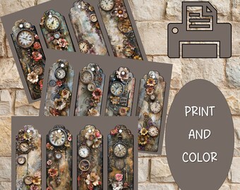 Puede incluir: Diez diseños de marcapáginas imprimibles con relojes vintage, engranajes y elementos florales. Los marcapáginas son en tonos marrones, dorados y crema con un aspecto desgastado. Imprime y colorea estos marcapáginas para un toque único y personalizado.