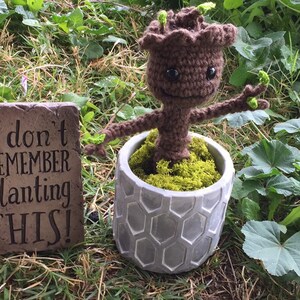 May include: A brown crocheted Groot character from the Guardians of the Galaxy movie series is sitting in a gray planter with green moss. The planter has a hexagonal pattern. A stone sign in front of the planter reads "I don't remember planting this!"