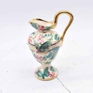 Vintage Bird and Flowers Gold Trim Hand Painted Pitcher Vase, Vintage Rare, BEQUET QUAREGNON #012323