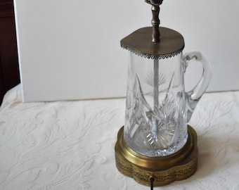 Pitcher Table Lamp Electric Cut Clear Vintage Hand Bedside Glass Brass Crystal